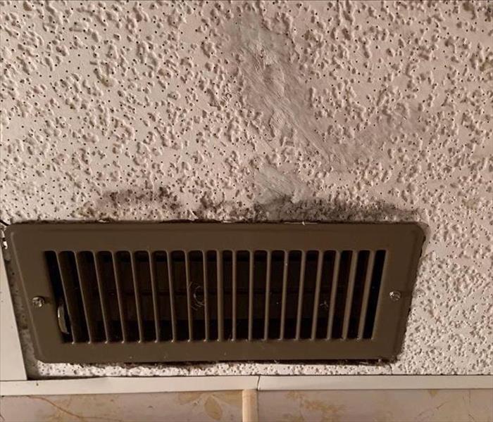 A ceiling vent has possible mold growth on the sides of it.