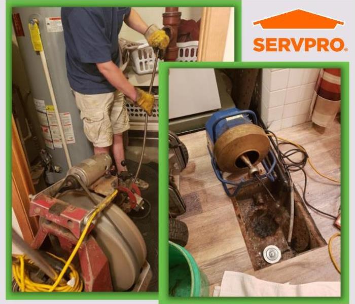 collage of drain being snaked with SERVPRO logo 