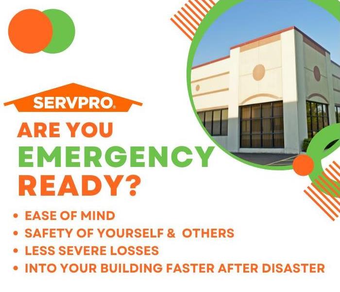 SERVPRO logo with photo of commercial building and the text "ARE YOU EMERGENCT READY?"