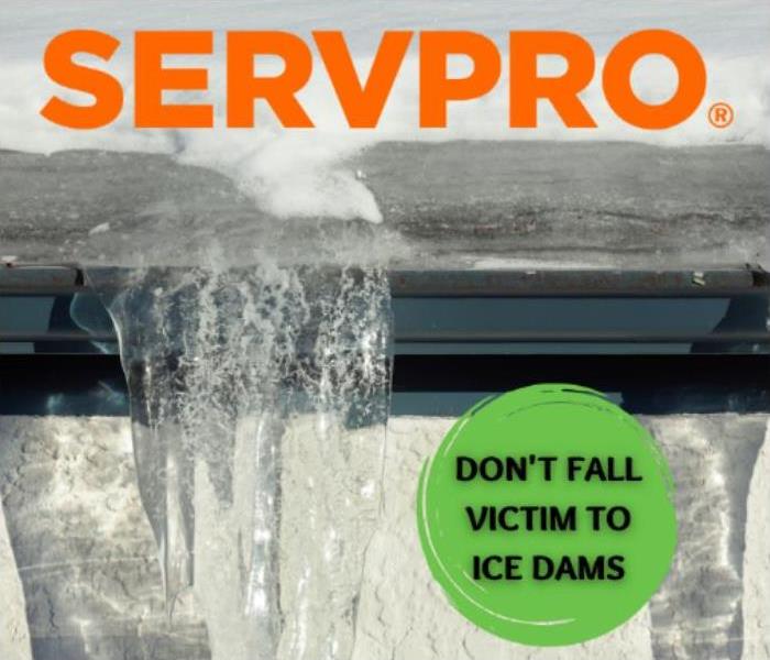 Ice dam with SERVPRO logo and green circle that has text 
