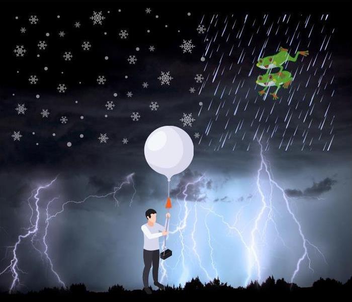 Man out in snow and rain holding a weather balloon and frogs falling from the sky 