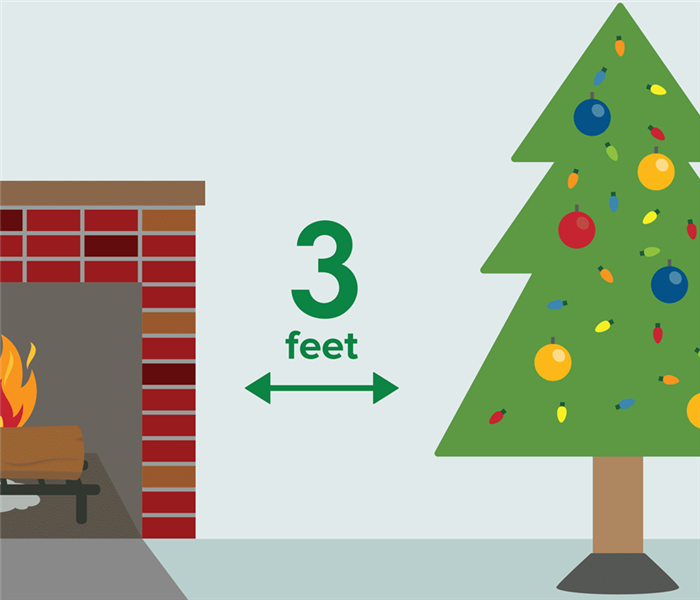 An illustration of a fire inside a chimney and a Christmas tree 3 feet apart away from it.