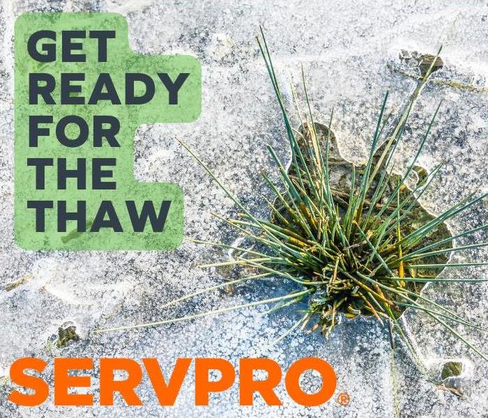Grass popping through snow, text saying "Get ready for the thaw" and a SERVPRO logo