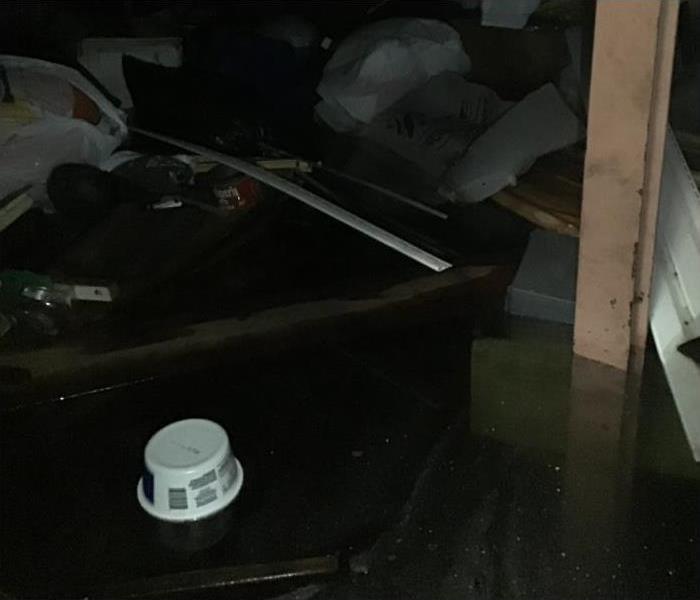 dark basement with 5ft of water in it and stuff floating on the water.